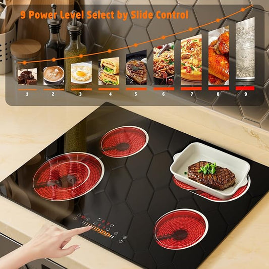 30 Inch Electric Cooktop 6600W, 4 Burner Electric Stove with Slide Control, Built-in 30'' Ceramic Cooktop 220V Hard Wire, Timer & Safety Lock, Extended Zone, Residual Heat Warning