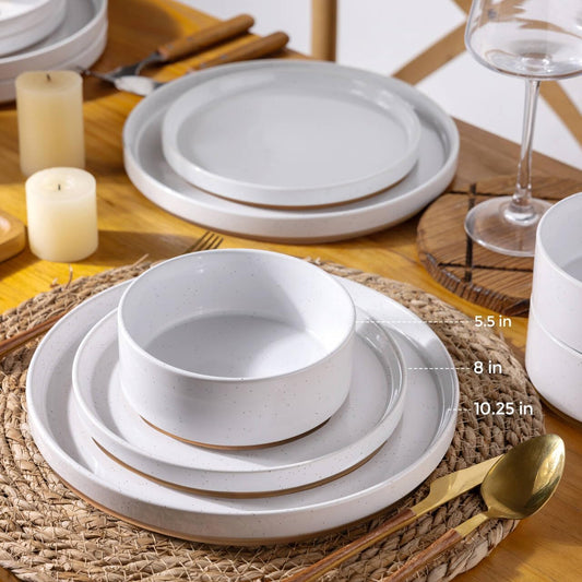 AmorArc Ceramic Dinnerware Set for 4 | Speckled Stoneware Plates and Bowls with unglazed terracotta | Scratch Resistant, Dishwasher & Microwave Safe Dishes Sets- 12-Pcs Milk White