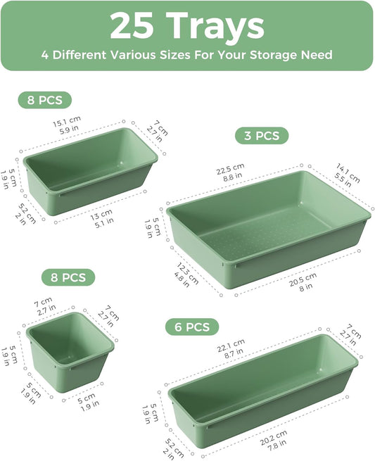 25 PCS Plastic Drawer Organizers Set, 4-Sizes Vanity and Makeup Organizer, Desk and bathroom Drawer Organizer Trays, Organizers and Storage for Makeup, Jewelry, Gadgets, Utensils (Green)