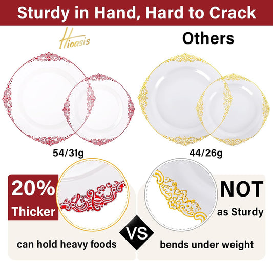 Hioasis 175pcs Clear Red Plastic Plates - Elegant Disposable Dinnerware Set Suitable for 25 Guests Include 10.25" Dinner & 7.5" Dessert Plates, Pre Rolled Silverware Set, Cups for Party & Wedding