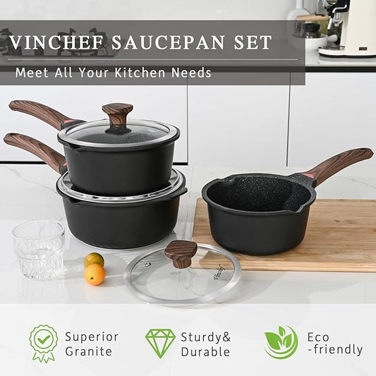 VINCHEF Sauce Pan Set with Lid 10PCS, 2QT+3QT+4QT Non Stick Sauce Pots Cooking Induction Pot set, Silicone Tools and Pot Protectors, PFAS and PFOA Free Black