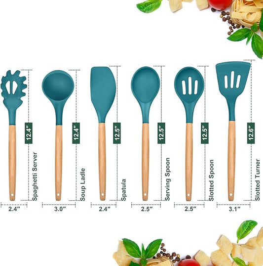 Kitchen Utensils Set of 6, E-far Silicone Cooking Utensils with Wooden Handle, Non-stick Cookware Friendly, Includes Spatula/Ladle/Slotted Turner/Serving Spoon/Spaghetti Server(Teal Blue)