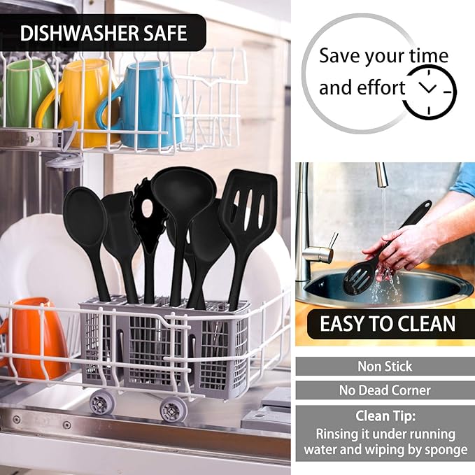 P&P CHEF Silicone Cooking Utensils Set of 7, Heat-proof Kitchen Utensils Set for Nonstick Cookware, Non-stick Spatula, Slotted Turner, Soup Ladle, Pasta Server, Spoon for Cooking Serving - Black