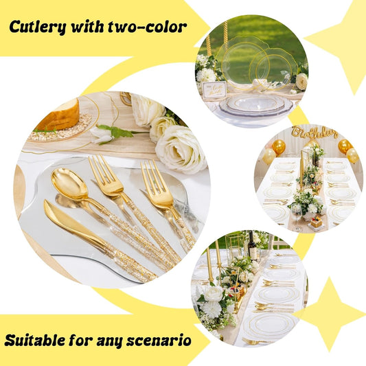 Liacere 150PCS Clear Gold Plastic Plates - Disposable Plastic Silverware with Glitter Bamboo Handle Cutlery-Baroque Clear Gold Disposable Plates for Wedding & Party & Thanksgiving &Fall Decor