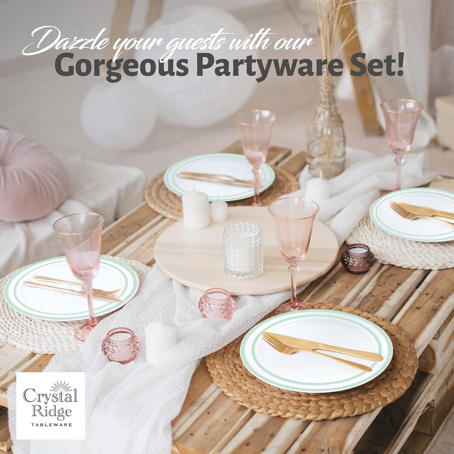 60 Pieces White Plastic Disposable Plates - Premium Heavy-Duty 30 Dinner Plates & 30 Salad Plates with Mint Green Rim Ideal for Party, Birthday and Special Events