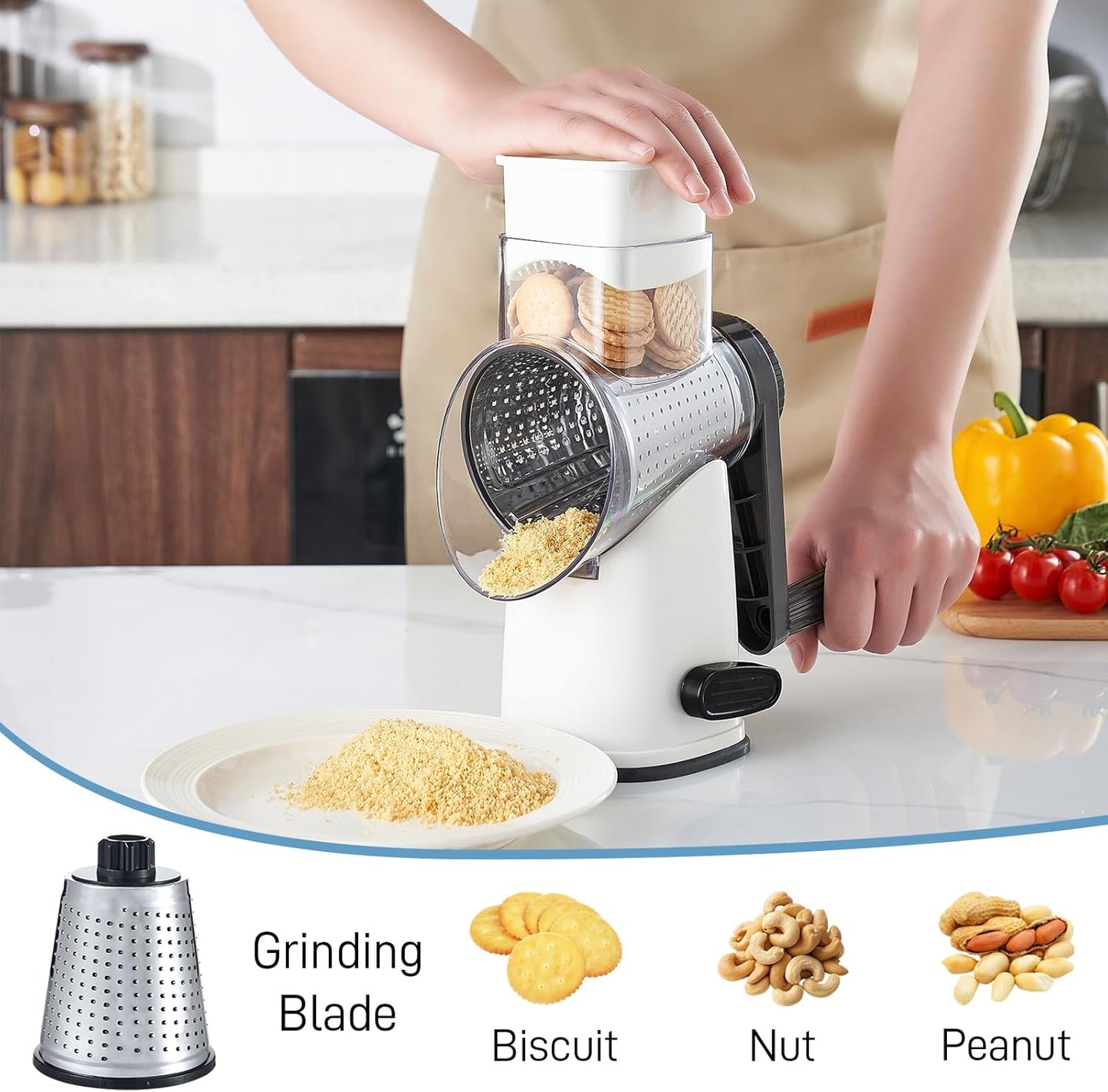 VEKAYA Cheese Grater, Cheese Grater Hand Crank, 4 Interchangeable Blades Cheese Shredder, Vegetable Slicer, Non-slip Suction Base, Easy to Clean Rotary Grater with Handle (White)