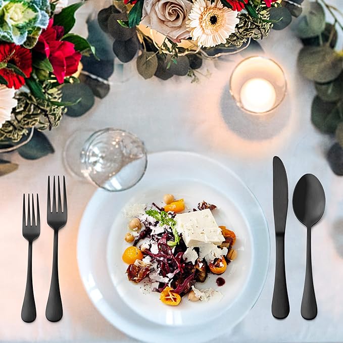 LIANYU 20 Piece Matte Black Silverware Set, Stainless Steel Black Flatware Cutlery Set for 4, Fancy Kitchen Utensil Tableware for Home Restaurant Party, Satin Finish, Dishwasher Safe