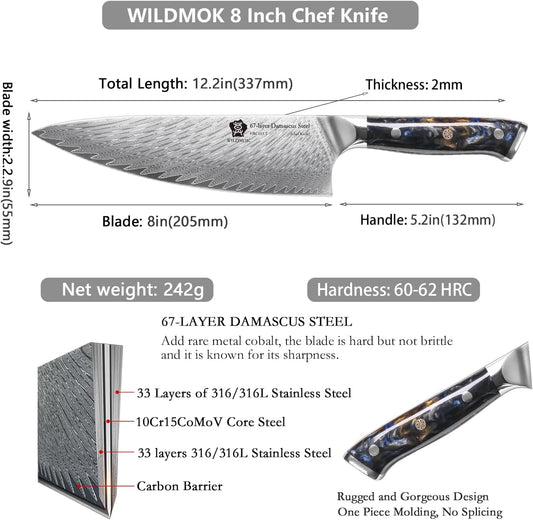 WILDMOK Chef Knife,8 inch Damascus Japanese Chef Knife,Japanese VG10 Steel Black Resin Handle kitchen knives,Japanese Damascus Kitchen Cooking chef's knives