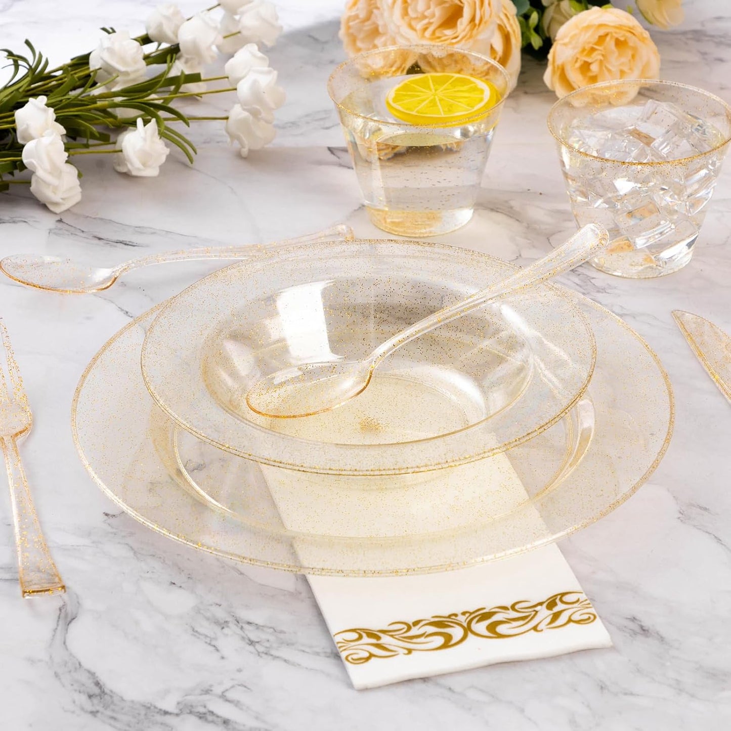 Goodluck 50 Pack Gold Glitter Plastic Bowls, 12oz Disposable Soup Bowls, Heavy Duty Dessert Bowls for Weddings, Parties, Dinners, Catering, Christmas and Everyday Use