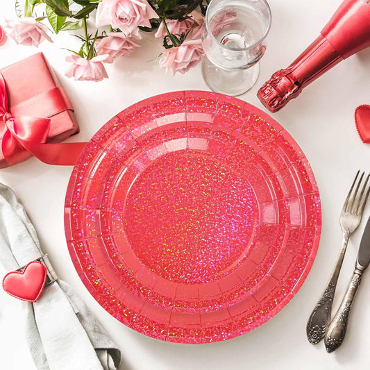 50 Pcs Iridescent Red Paper Plates 25 × 7'' and 25 × 9'' Disposable Red Shiny Holographic Foil Dinner Plates for Wedding Baby Shower Birthday Christmas Party Glitter Dessert Plate