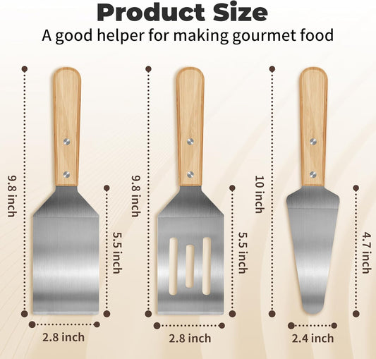 3 Pieces Stainless Steel Spatula Set,Metal Spatula for Cast Iron Skillet,Metal Spatula for Cooking with Wooden Handle,Metal Spatulas for kitchen use for Pancakes,Frying steak,Burger and Desserts