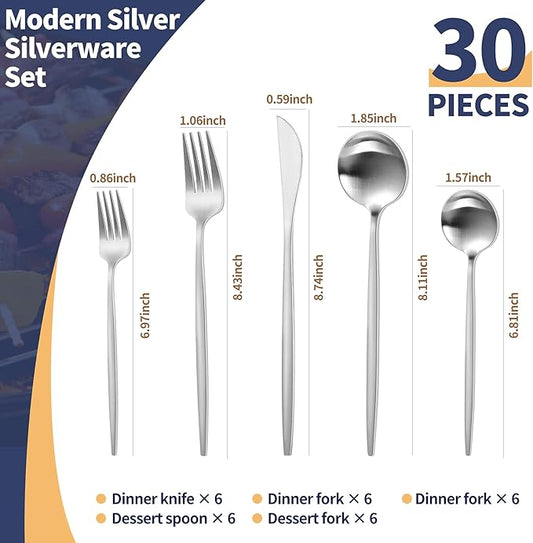Matte Silverware Set, 30 Piece Stainless Steel Modern Flatware, Brushed Cutlery Service for 6, Satin Finish Utensils, Home Kitchen and Restaurant, Dishwasher Safe (Silver)