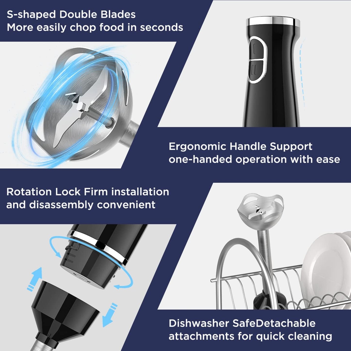 Howork 450W Immersion Hand Blender, 4-in-1 Multifunctional 2 Speed Stainless Steel Handheld Stick Blender, Titanium Cross Blade, 600ml Mixing Beaker and 500ml Food Processor, Dishwasher Safe, Black