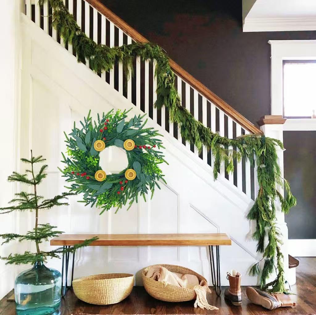 20Inch Christmas Pine Candle Wreath for Front Door, Artificial Advent Candle Holder with Red Berries for Holiday Tabletop Wall Window Porch Candle Decor