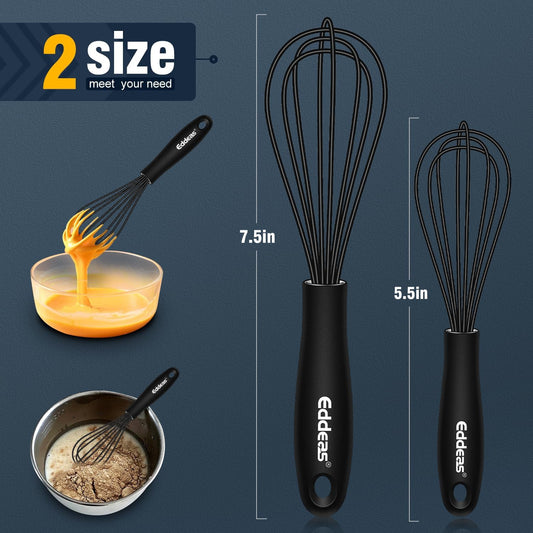 Silicone Mini Whisk, Small whisks Non-Stick Tiny Whisks set of 2(5.5in & 7.5in)-Heat Resistant (450°F) Whisks, Balloon Egg Beater Perfect for Whisking, Beating, Mixing, Blending, Black