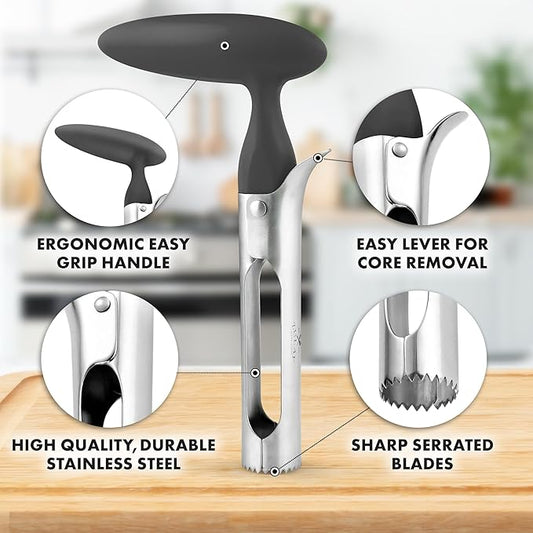 Zulay Kitchen Premium Apple Corer Tool - Ultra Sharp, Stainless Steel, Serrated Blades for Easy Coring - Easy to Use & Clean, Durable Apple Corer Remover for Baking Apples & More - Gray