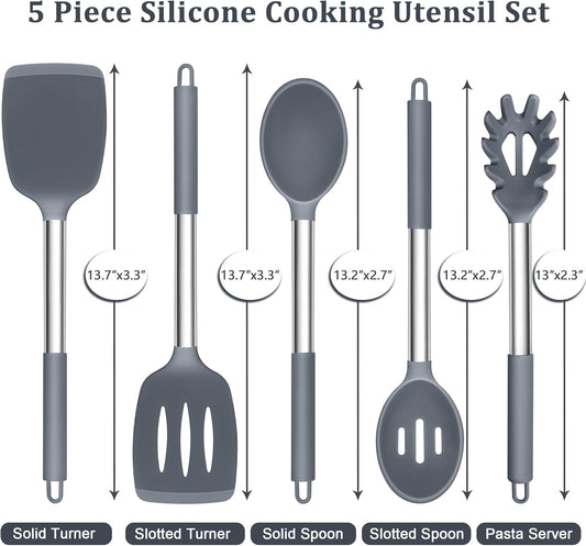 TeamFar Silicone Cooking Utensils Set, 5 PCS Heat-Proof Kitchen Utensils with Stainless Steel Handle, Turner/Spoon/Pasta Server for Nonstick Cookware Frying Flipping Draining, Light Grey