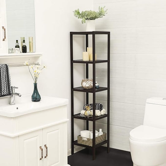 SONGMICS Bamboo Storage Shelf, 5-Tier Shelving Unit, Multifunctional, in the Entryway, Bathroom, Living Room, Balcony, Kitchen, 13 x 13 x 57.5 Inches, Brown UBCB55Z