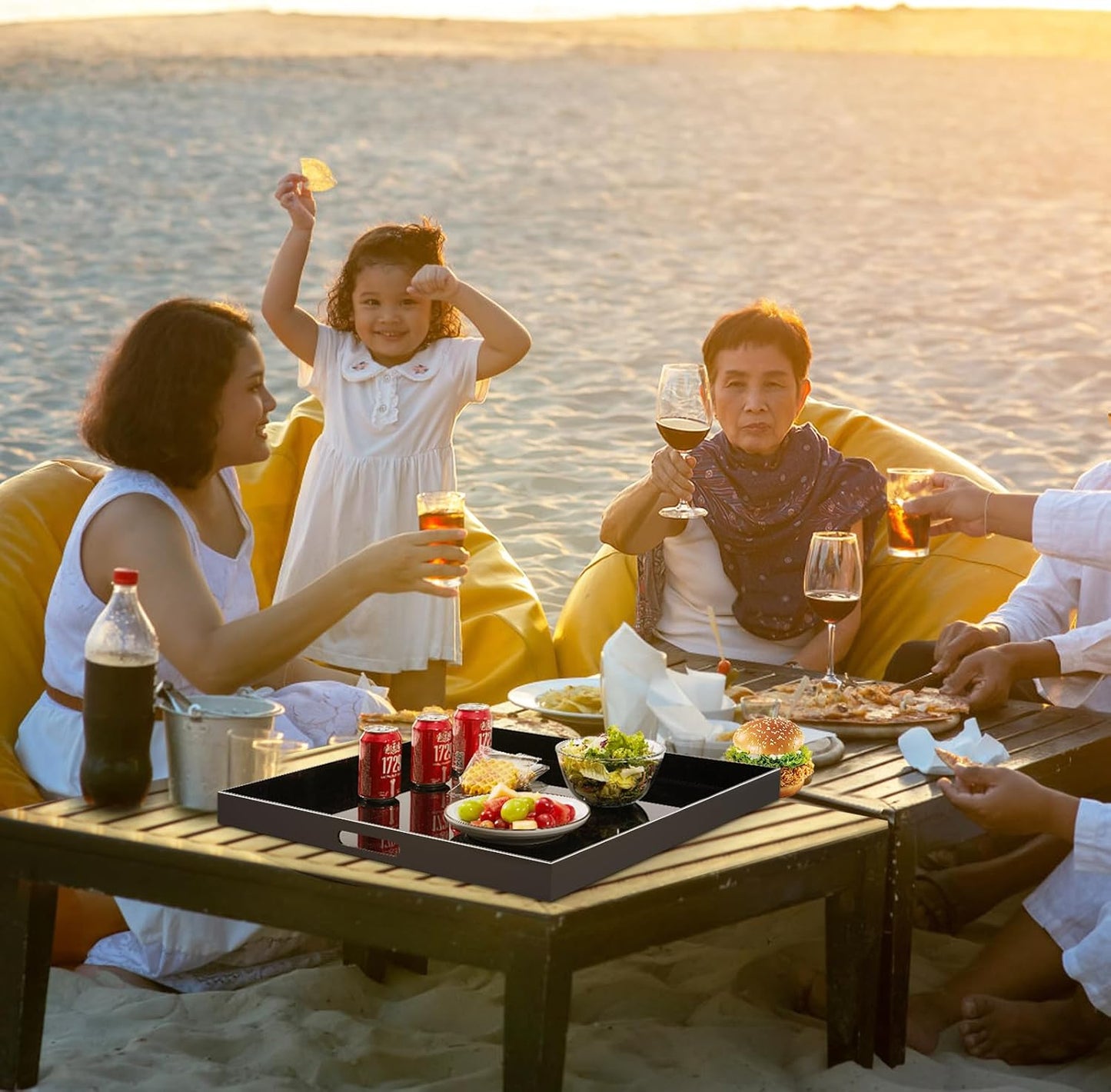 16×16 inches Oversized Black Acrylic Ottoman Tray Extra Large Decorative Tray Spill-Proof Serving Trays with Handles King-Size Safe Edge Organizer for Coffee Table Countertop Breakfast