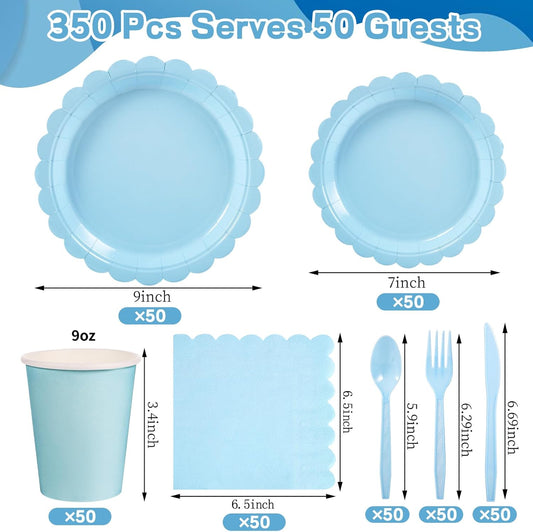350 Pcs Light Blue Paper Plates and Napkins, Blue Party Supplies Include Light Blue Scalloped Plates Napkins Cups Plastic Spoons Forks Knives for Baby Shower,Wedding,Birthday