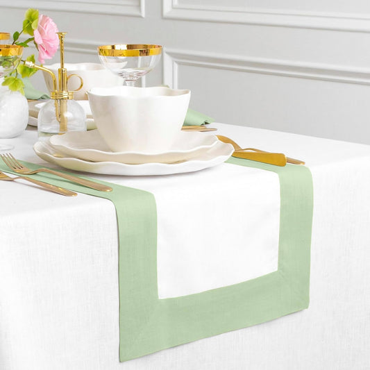 Solino Home Linen Table Runner 48 Inches - 100% Pure Linen Light Green and White Table Runner 14 x 48 Inch Ideal for Dresser and Coffee Tables - Contempo