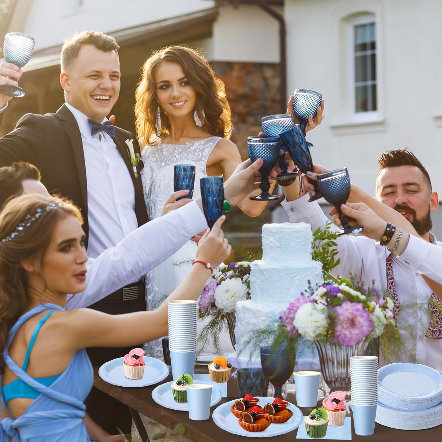 Tioncy 200 Pcs Disposable Paper Plates Cups and Napkins Party Supplies Serve 50 Guests Disposable Paper Dinnerware Set for Halloween Birthday Wedding Baby Shower Family Picnic(Blue)