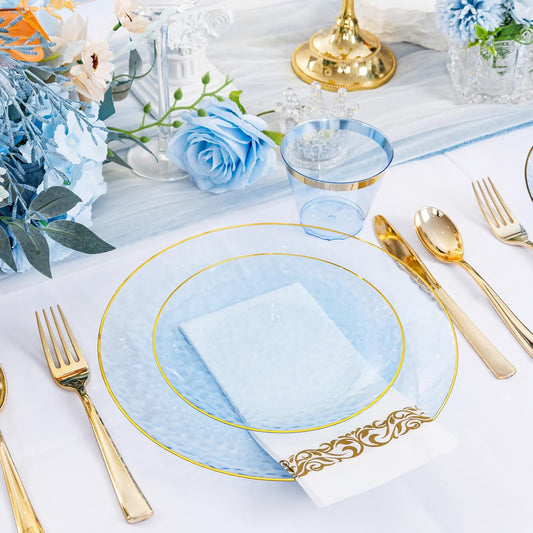 DaYammi 175PCS Clear Blue Gold Plastic Dinnerware Set for 25 Guests, Hammered Disposable Plates for Party, Include: 25 Dinner Plates, 25 Dessert Plates, 75 Gold Silverware, 25 Napkins, 25 Cups