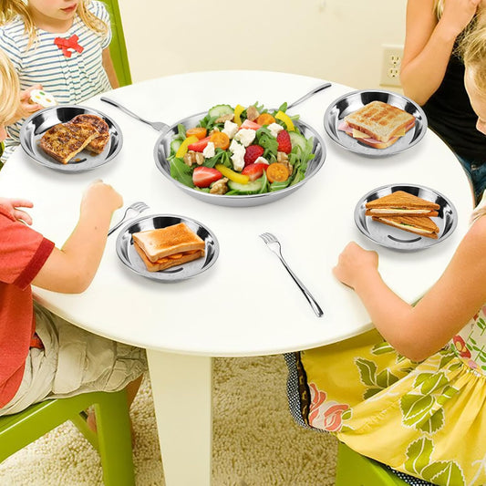 4 Patterned Deep Stainless Steel Plates, 7.8 inch 304(18/8) Metal Camping Plate, Reusable Food Serving Snack Eating Dishes Round Shatterproof Silver BBQ Dinner Dinnerware Oven Dishwasher Safe