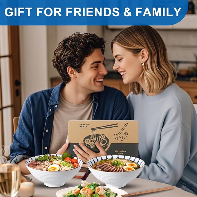 9.4Inch Ceramic Ramen Bowl Set of 4 (17 Piece) - Porcelain Japanese Salad Noodles Cereal Fruit Pasta Soup Large Bowls with Recipes Chopsticks Forks Spoons for Men Women Gift Microwave Dishwasher Safe