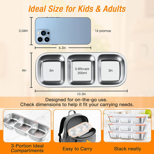 Stainless Steel Snackle Box Container - 3 Compartment Reusable Snack Containers with Lids for Kids, Leak-Resistant Divided Snack Food Storage Containers for School, Office, Travel (Clear)