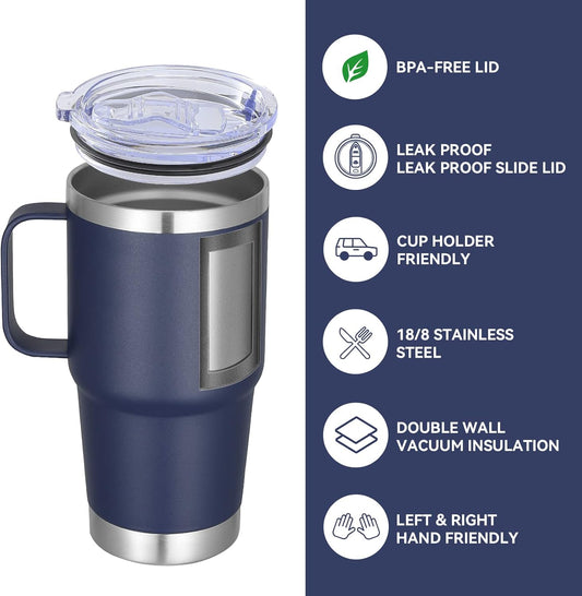 VEGOND 20 oz Tumbler with Handle Lid and Straw, Stainless Steel Insulated Travel Coffee Mug Spill Proof Double Wall Metal Tumbler Cup Keeps Drink Hot and Cold, Navy Blue 1 Pack