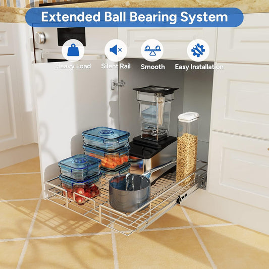 ROOMTEC Pull Out Cabinet Organizer, Cabinet Pull Out Shelves 14" W x 21" D, Heavy Duty Cabinet Drawers Slide Out Kitchen Cabinet Organizers Storage Shelf