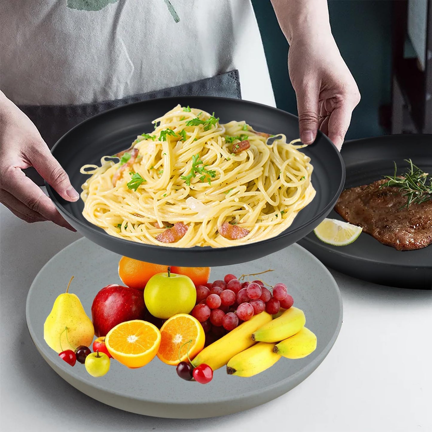 Wheat Straw Plates 10 Inch Dinner Plates Set of 8, Lightweight and Unbreakable Plastic Plates Reusable, Microwave & Dishwasher Safe Kids Plates (Black, Grey)