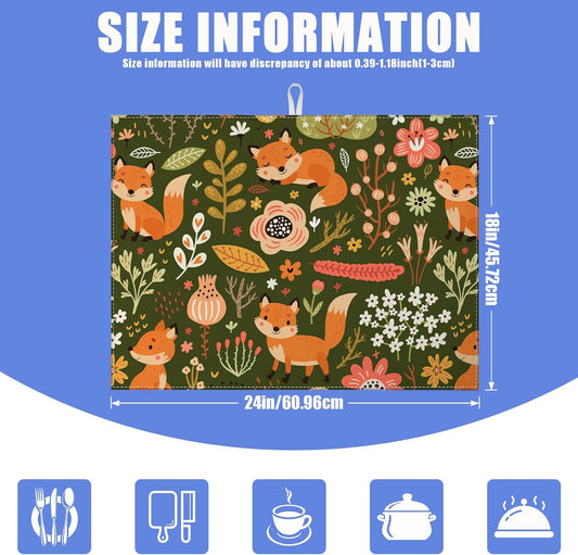 Cute Fox Dish Drying Mat for Kitchen Counter Animals Drying Pad Absorbent Reversible Dish Drainer Rack Mats Draining Pad 18"x24"Inch