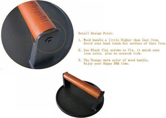 Firsgrill Burger Press 7.08" Round,Heavy-Duty Cast Iron Smash Burger Press Meat Steak With Wood Handle for Blackstone Camp chef Pitboss Weber Griddle Grills(Round)