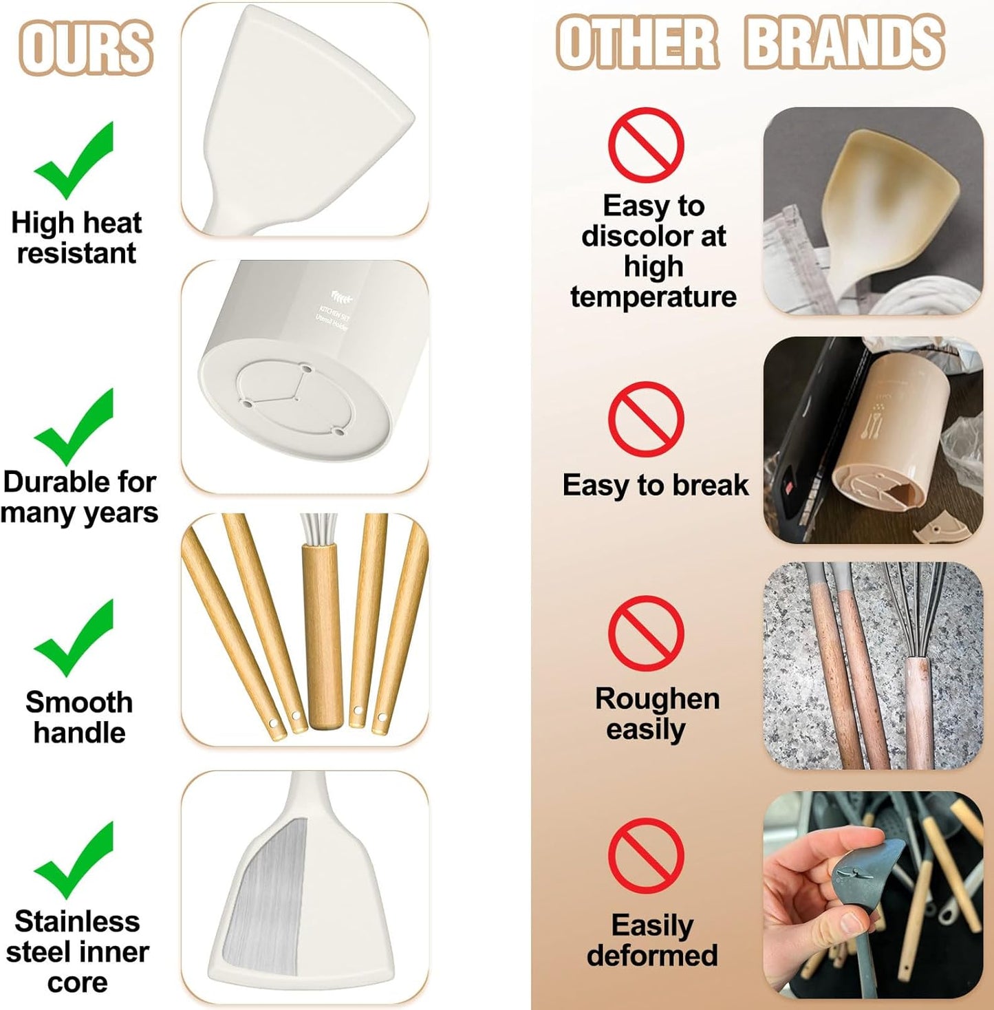 Umite Chef Silicone Kitchen Utensil Set, 34PCS Heat Resistant Kitchen Gadgets and Tools With Grater, Cream White Wood Handles for Nonstick Cookware