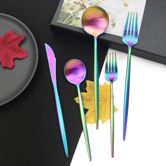 JASHII Luxury 18/10 Rainbow Flatware Set - 304 Stainless Steel Colorful Cutlery - 5-Piece Adaline Royal Modern Satin Finish for Birthday, Wedding (Matte)