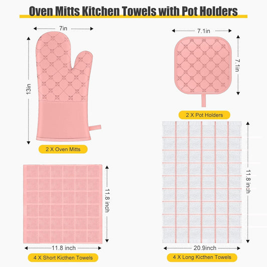 Oven Mitts Kitchen Towels Dishcloths with Pot Holders Sets 12PCS, Dish Towels Sets, Oven Gloves Pot Pads Heat Resistant 500 Degrees with Non-Slip Silicone Surface for Cooking Baking Grilling-Pink