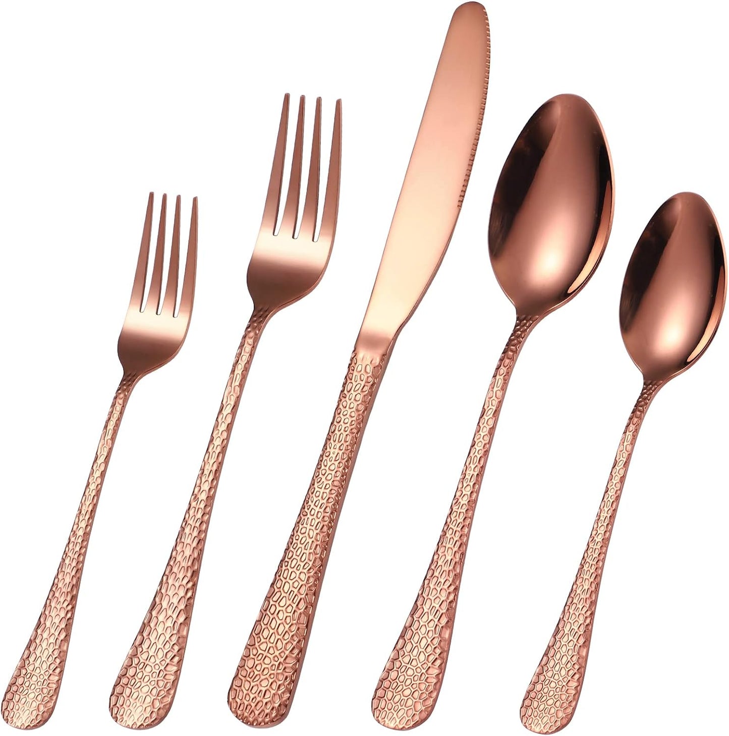 Hammered Silverware Copper/Rose Gold Flatware Set 40 Piece Service for 8 Stainless Steel Knives Forks Spoons Creative Handle Eating Utensils for Festival Parties Kitchen Daily Use
