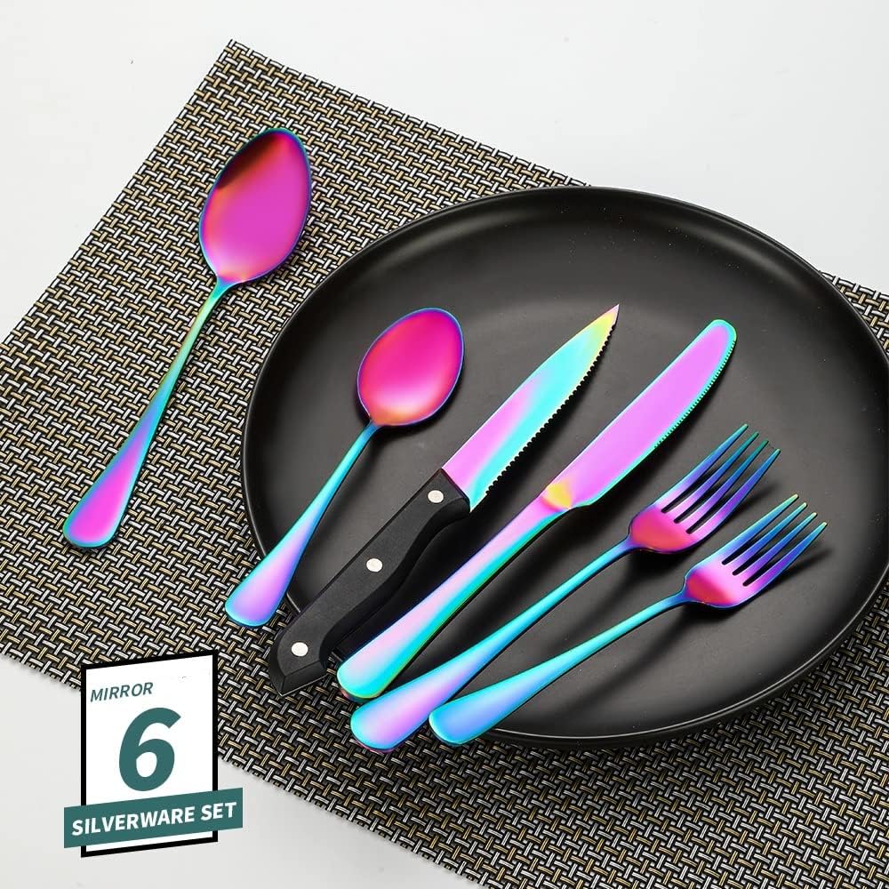 Rainbow Silverware Set For 4 Cutlery Stainless Steel Flatware 24 Piece Colorful Knives Fork Spoon Dishwasher Safe Eating Utensils For Festival Parties Restaurant