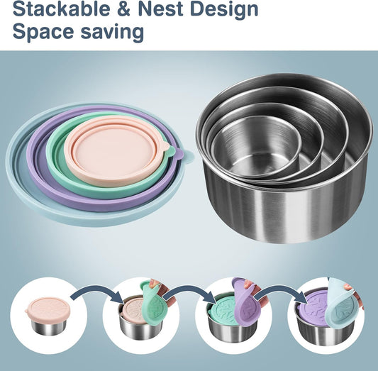 Stainless Steel Containers with Lids - Stackable Toddler Snack Containers, 18/8 Stainless Steel Lunch Box for Kids Adults, Leakproof Metal Food Storage Containers (4Pack: 3oz, 7oz, 13oz, 22oz)