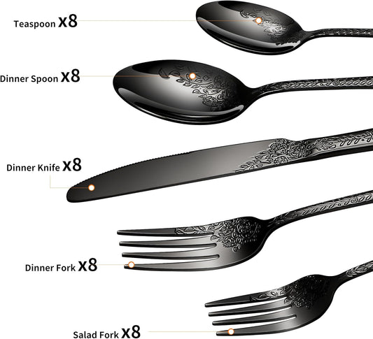 Floral 40 Pcs Black Silverware Set for 8, Food Grade Stainless Steel Flatware Set with Rose Flower Embossed Design, Eating Utensils Sets Include Fork/Knife/Spoon, Reusable Cutlery Set, Dishwasher Safe