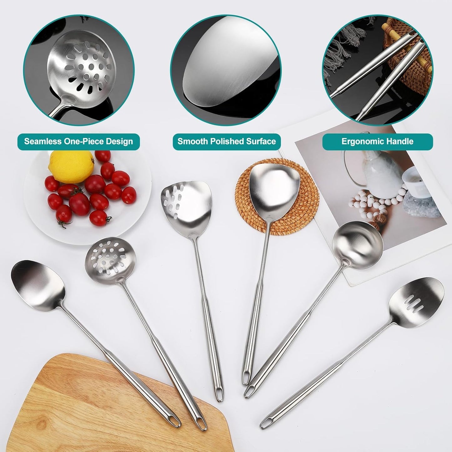 6Pcs Stainless Steel Kitchen Utensils Set – Cooking Utensils Set Stainless Steel, Metal Cooking Utensils with Wok Spatula, Serving Spoons,Ladle Set– Durable Cooking Supplies for Home and Camping
