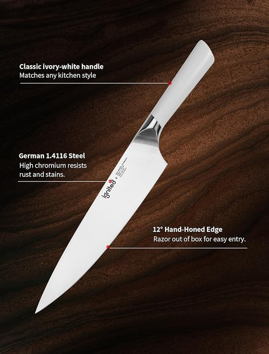Chef Knife 8 Inch, German High Carbon Stainless Steel Kitchen Knife with Ergonomic White Handle, Ultra Sharp Professional Cooking Knife in Gift Box for Home & Restaurant