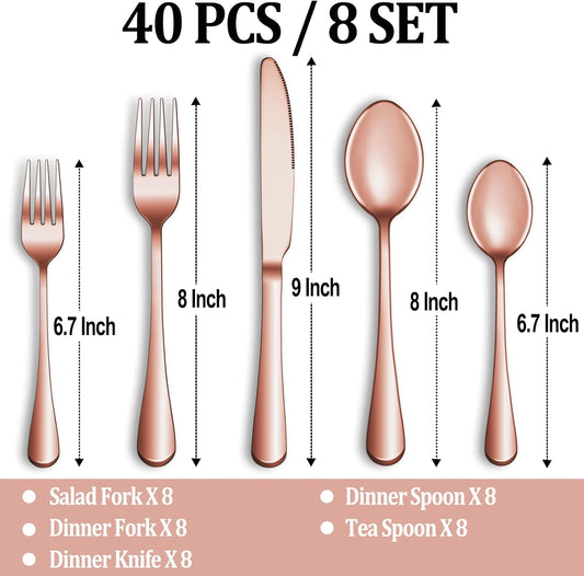 40 Pcs Rose Gold Silverware Set Service for 8, Premium Stainless Steel Flatware Set, Cutlery Utensil Set, Durable Home Kitchen Eating Tableware Set, Include Fork Knife Spoon Set, Dishwasher Safe