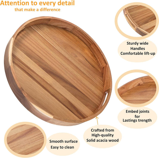 Wooden Serving Tray with Handles 22 Inch Extra Large Round Ottoman Tray Acacia Large Wood Trays Ottoman Living Room Wooden Trays