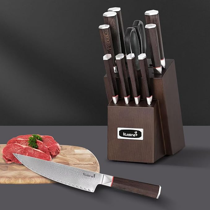 Kuisine Kitchen Knife Set,Damascus Steel Ultra Sharp, Ergonomic Non-slip Wood Handle, Chef Knife Block Set with Built-in Sharpener,Luxury Gift for Holiday(Silver, 12PCS)