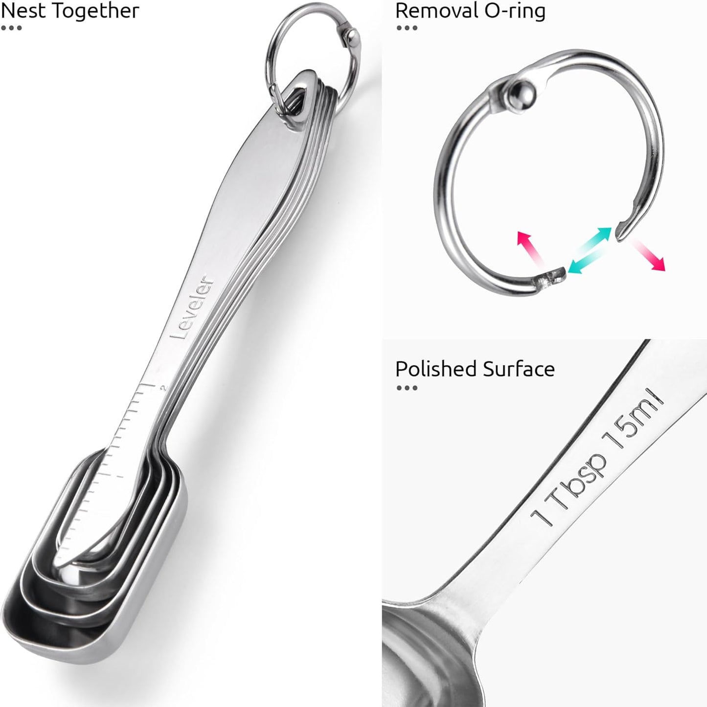 U-Taste Narrow Square Measuring Spoons: 18/8 Stainless Steel Kitchen Measure Teaspoon Tablespoon with Leveler, Polygon Rectangular Metal Jar Scoop for Baking Cooking, Coffee, Spice, Powder (Set of 6)