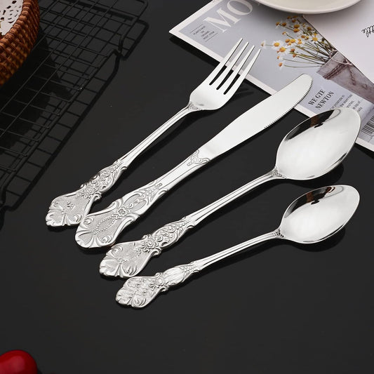 JASHII Silverware Set 24 Piece Family Dinnerware Set Flatware Set for 6, Silver Tableware Set Great for Family Gatherings & Daily Use-Spoons, Knives, Teaspoons, Forks (Silver)