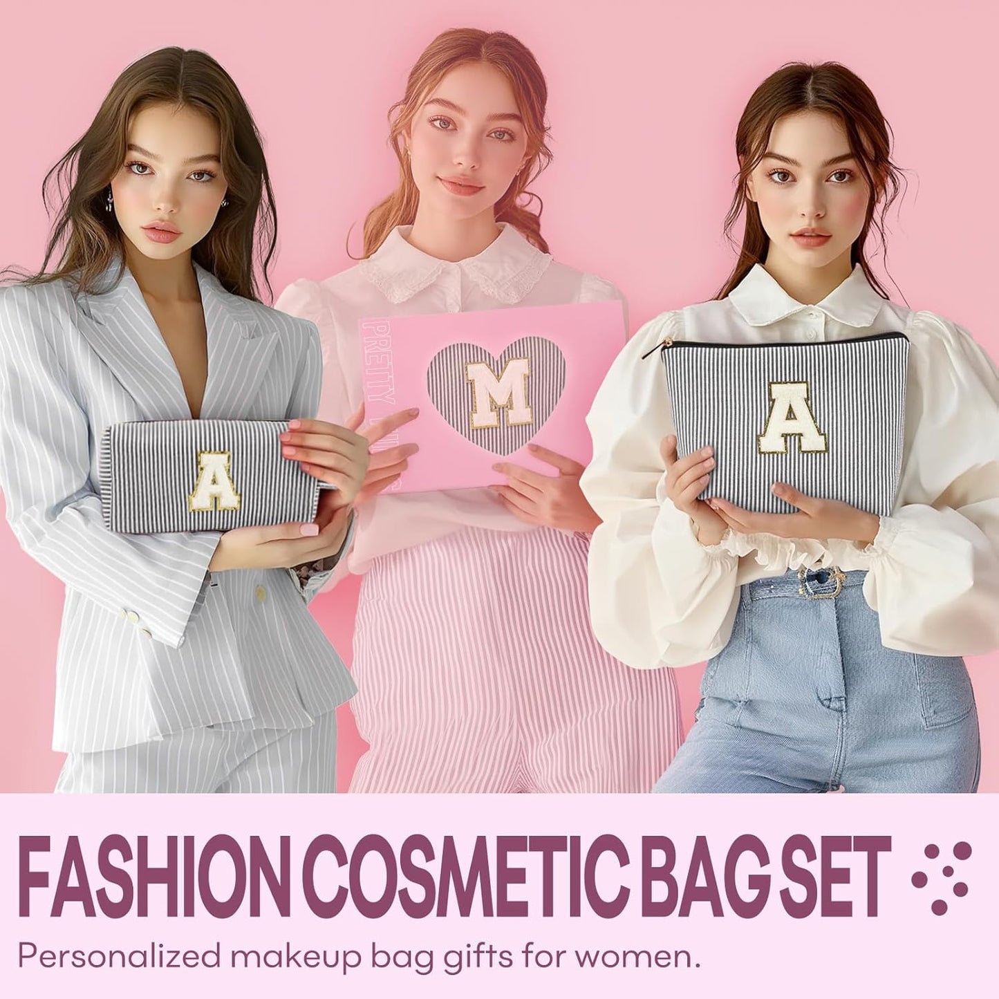 2 PCS Initial Makeup Bags for Women: Cosmetic Bag for Travel Toiletry - Birthday Gifts for 11 12 13 14 15 16 17 18 Years Old Girl Graduation Teacher Gift- Teen Girl Gifts Trendy Stuff - Black S